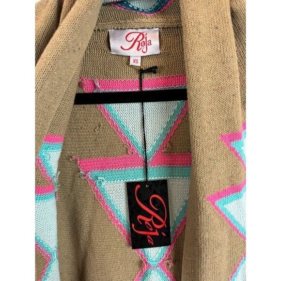 ROJA beige blue aztec southwestern knit waterfall open front cardigan XS NWT - Picture 2 of 8